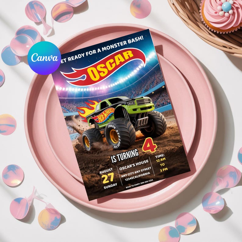 May include: A birthday party invitation featuring a Hot Wheels monster truck design. The invitation includes the name "Oscar", the age "4", and event details. The invitation is on a pink plate with confetti and a cupcake.
