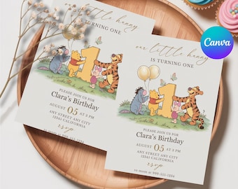 Classic Winnie the Pooh First Birthday Invitation, Editable Winnie The Pooh 1st Birthday Party Invite, Editable & Printable Invite