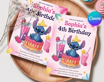 Bearbeitbare Stitch-Geburtstagsfeier-Einladungsvorlage, Stitch Birthday Pool-Party-Einladung, Stitch Bday Evite, Cartoon-Geburtstagseinladung