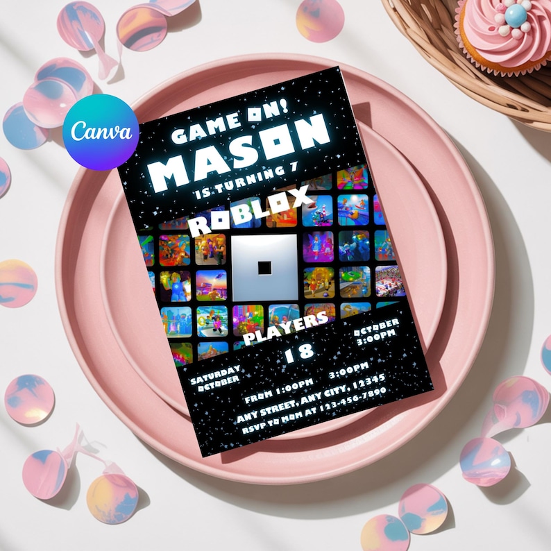 May include: A black invitation card with the text "GAME ON! MASON IS TURNING 7 ROBLOX" and event details. The card is on a pink plate, surrounded by confetti and a cupcake.