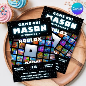 May include: Two black Roblox-themed birthday party invitations. The invitations feature the text "GAME ON! MASON IS TURNING 7" in white, along with the Roblox logo and game scenes. The date and time are also included.