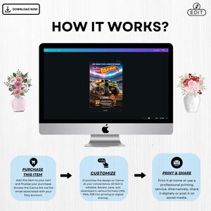 May include: A computer screen displays a monster truck birthday invitation with the name "Oscar". The image shows the steps: purchase, customize, and print & share. Text includes "How it works?" and instructions for editing and printing.