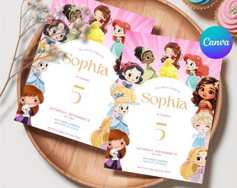 Princess Birthday Invitation, Princess Invitation, Princess Party Invitation, Girl Princesses Invitations, Gold Pink Instant Digital