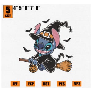 Stitch Halloween Embroidery Pattern, Spooky Vibes Embroidery Pattern, Trick Or Treat Witch Stitch Digitizing Machine Embroidery 4 size