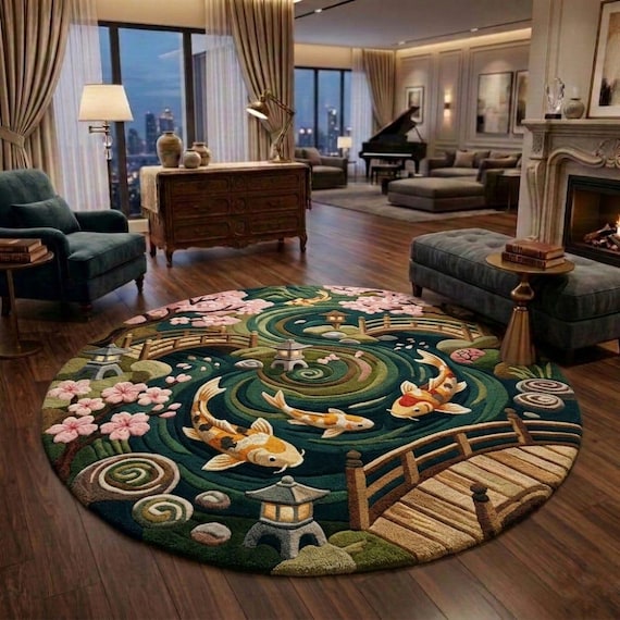 Handmade Round Koi Fish Rug, Japanese Garden Area Rug, Cherry Blossom Floral Carpet, Wool Cut Pile Bedroom Living Room Decor