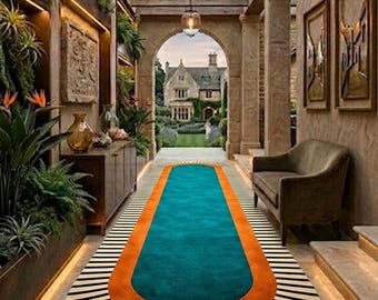 Hand Tufted Wool Runner Rug Olive Orange and border black and white Geometric Design Rug