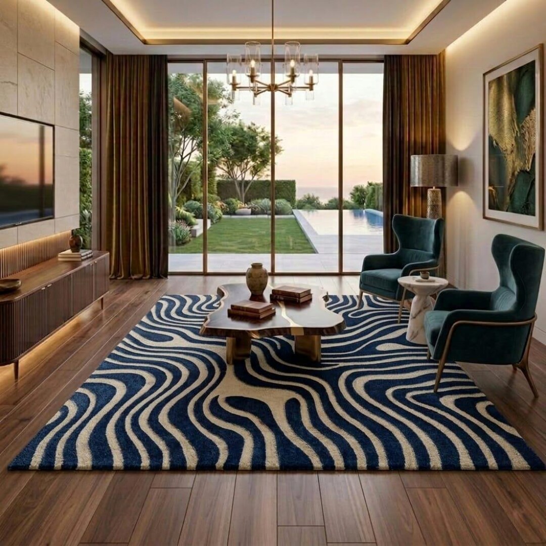 Blue Abstract Hand Tufted Wool Rug, Modern Wavy Pattern Area Rug ...