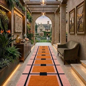 Hand Tufted Wool runner Rug Modern Geometric Grid Orange Rust Living Room Carpet