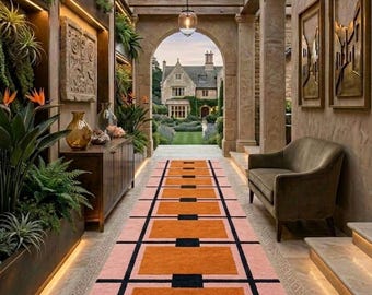 Alfombra de pasillo de lana tejida a mano con diseño geométrico moderno en tonos naranja y óxido para sala de estar.