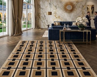 Luxury Geometric Area Rug, Modern Beige Black Abstract Rug, Contemporary Living Room Carpet, Minimalist Designer Rug, Statement Floor Decor