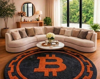 Alfombra Bitcoin: alfombra de criptomonedas mullida con mechones, alfombra con el logotipo de Bitcoin hecha a mano, alfombra redonda naranja personalizada para comerciantes de criptomonedas, decoración tecnológica moderna.