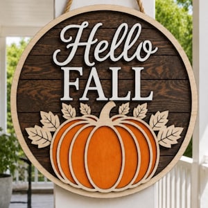 Letrero de puerta "Hola Otoño" en formato SVG, letrero de calabaza para porche cortado con láser, letrero redondo de otoño.