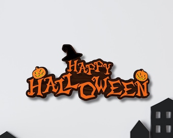 Happy Halloween Wall Sign SVG, Pumpkin Witch Hat Laser Cut File, Halloween Door Hanging Digital Decor
