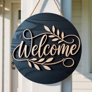 Welcome Sign SVG, Layered Round Door Hanger Laser Cut File, Front Porch Wall Decor for Glowforge xTool