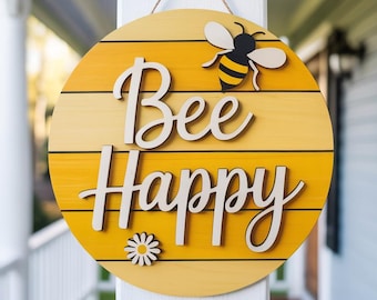 Bee Happy Door Hanger SVG, Round Spring Bee Decor, Laser Cut File