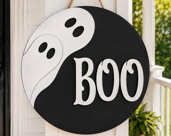 Boo Ghost Door Hanger SVG, Black White Halloween Laser Cut File
