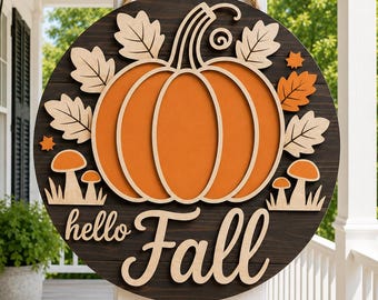 Hello Fall Pumpkin Door Hanger SVG: Autumn Leaves Laser Cut File (Digital Download)