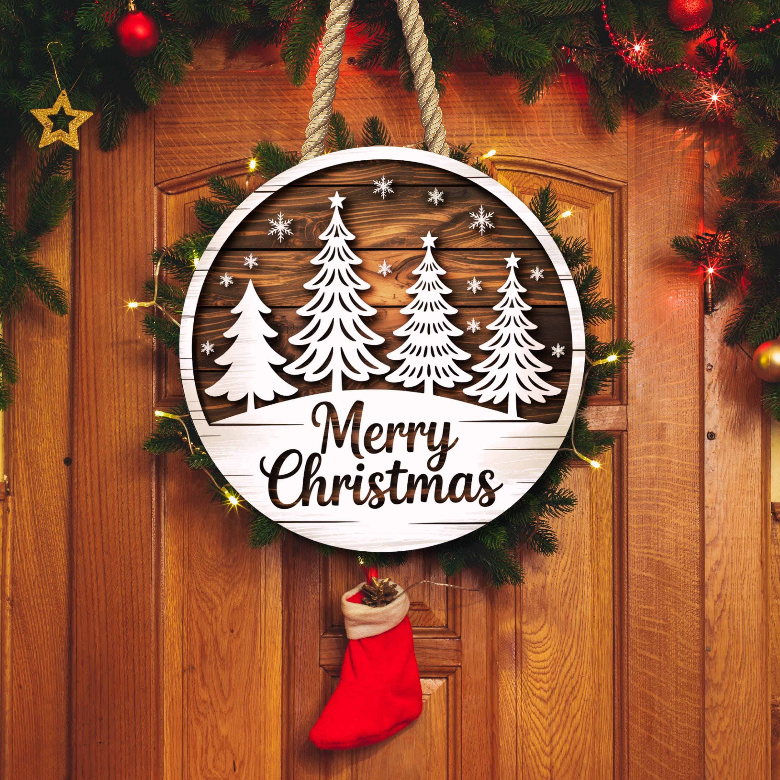Merry Christmas Door Hanger SVG, Holiday Round Sign Laser Cut File ...