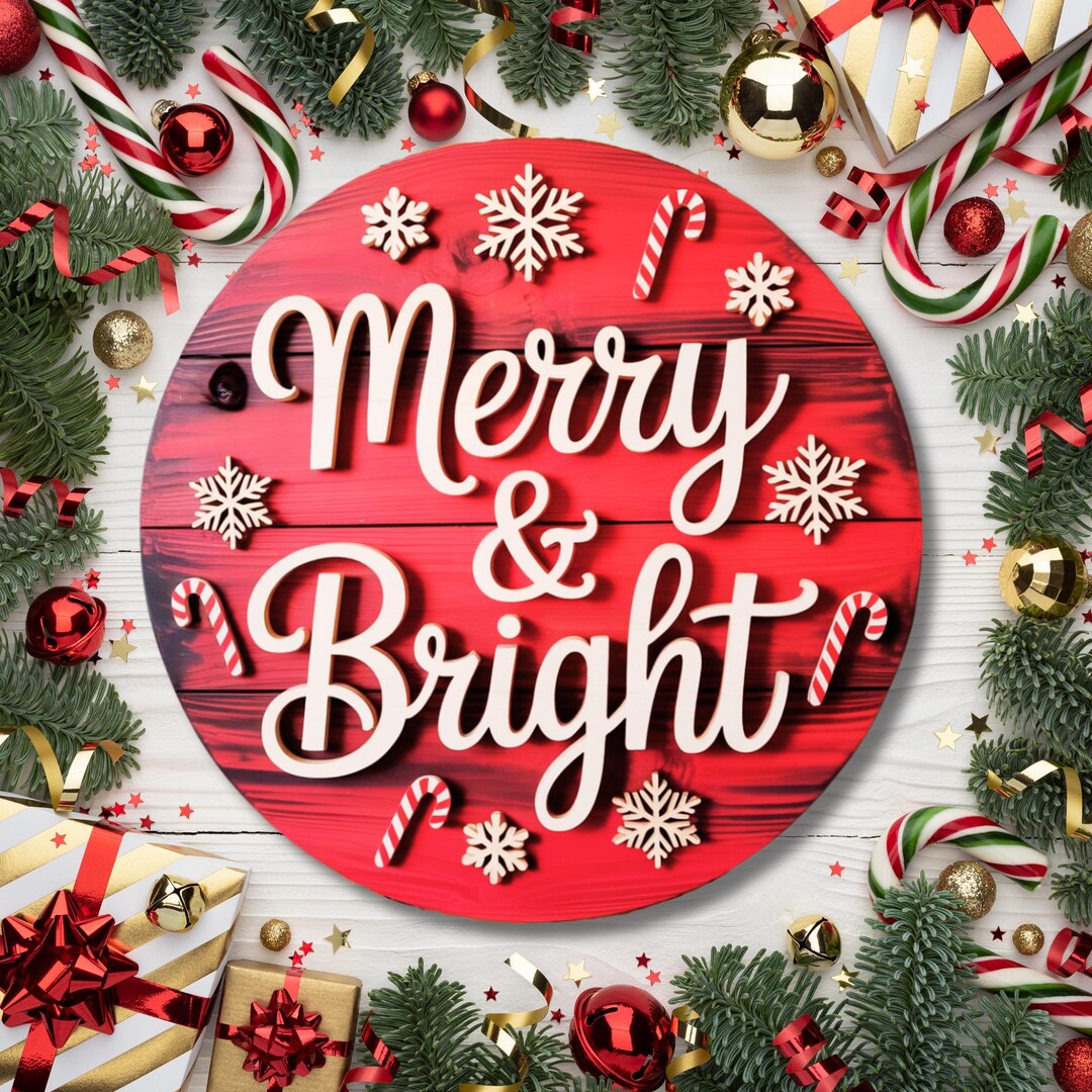 Merry and Bright Door Hanger SVG, Christmas Round Sign Laser Cut File ...