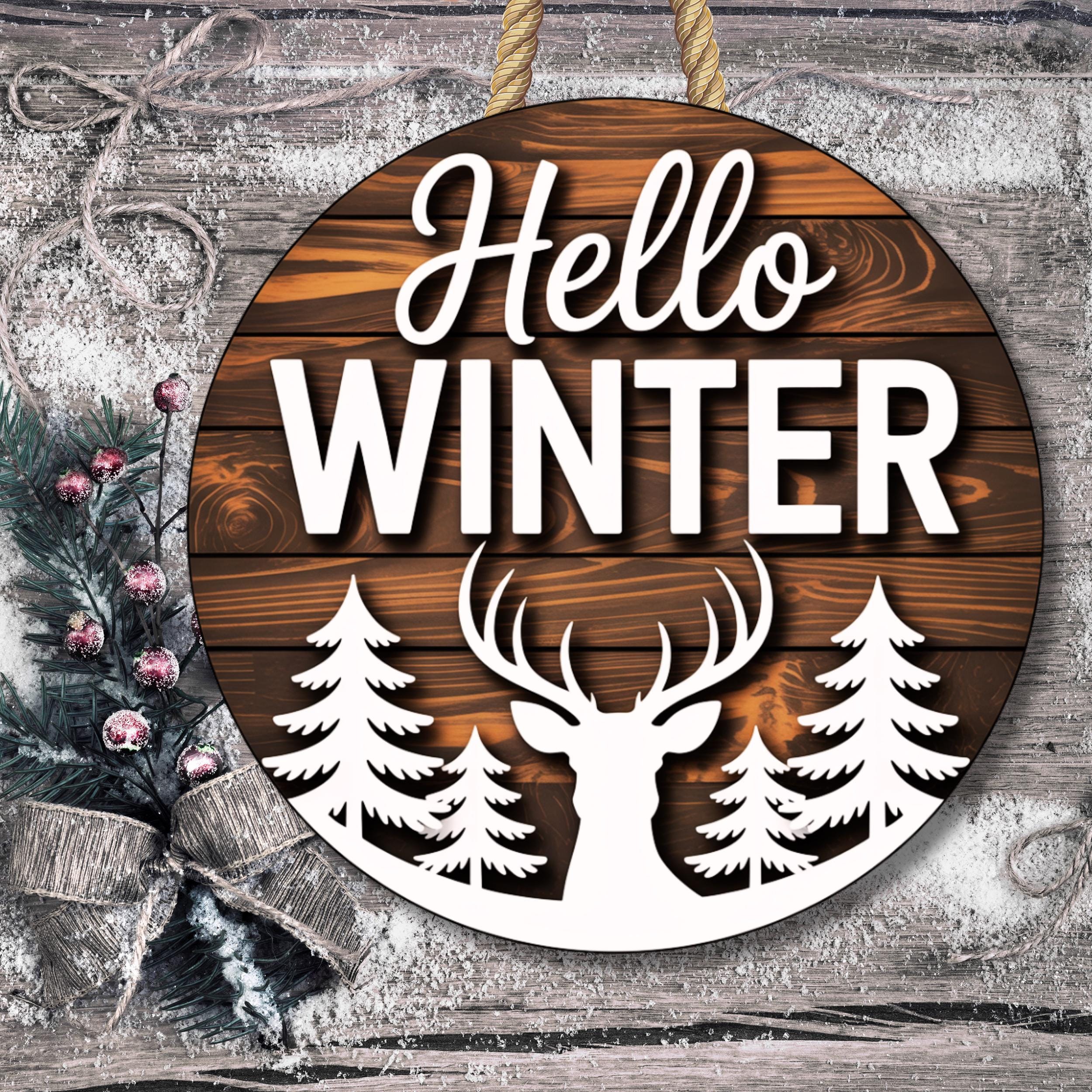 Hello Winter Deer Round Sign SVG, Rustic Winter Door Hanger Laser Cut ...