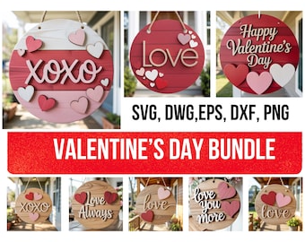Valentine Door Hanger SVG Bundle, Round Love Sign Laser Files