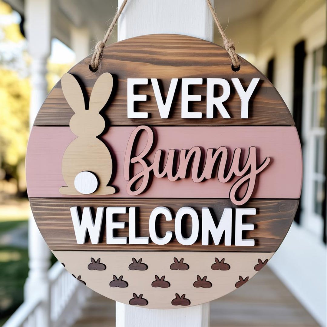 Every Bunny Welcome Door Hanger SVG, Easter Bunny Round Sign Laser Cut ...