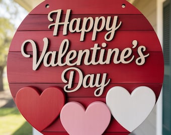 Happy Valentine’s Day Sign SVG, Heart Round Door Hanger Laser Cut File