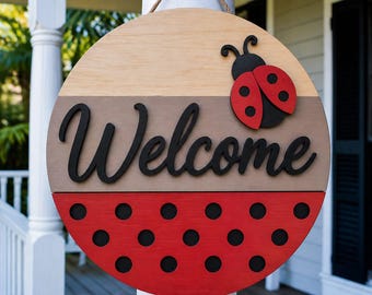 Ladybug Welcome Door Hanger SVG, Summer Round Laser Cut File