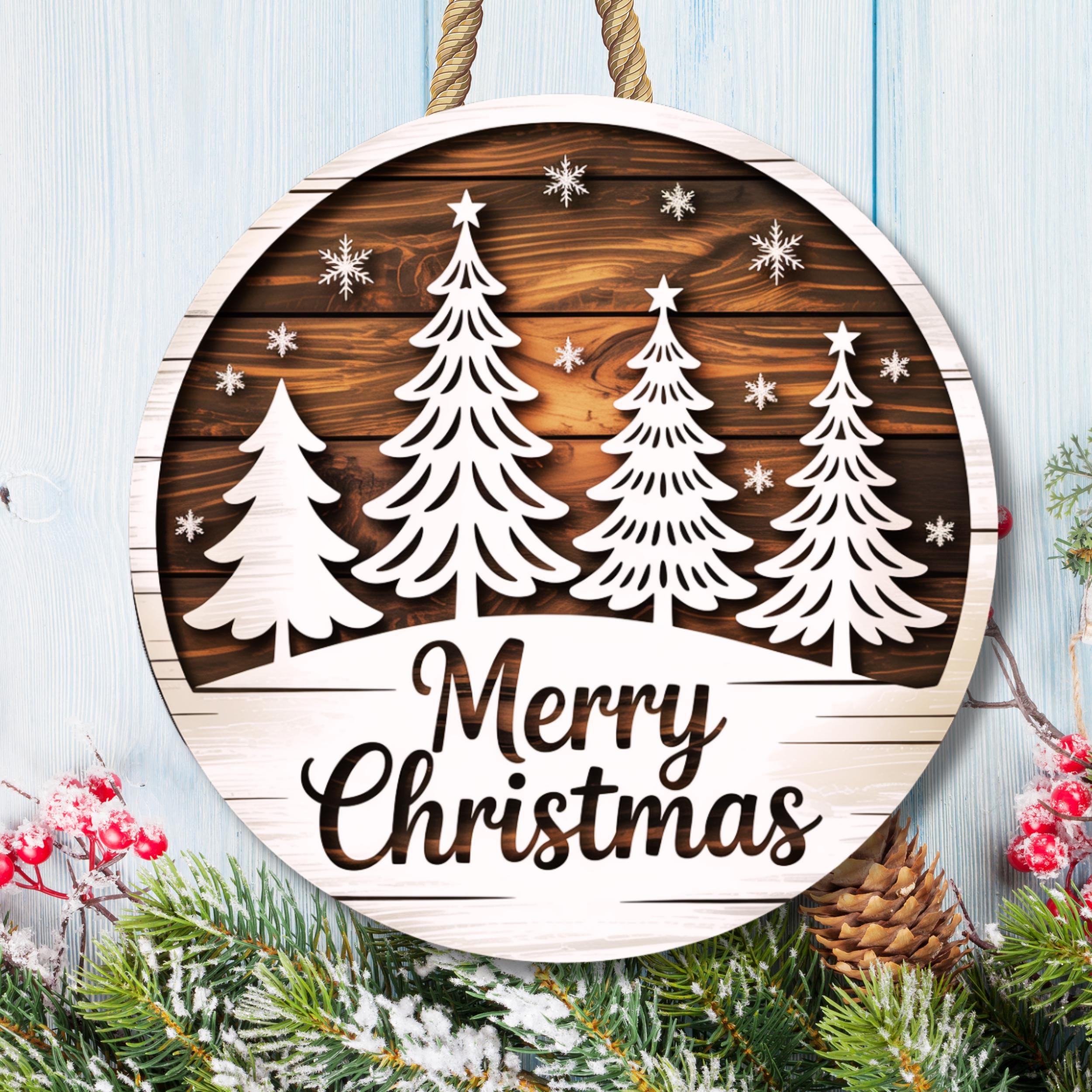 Merry Christmas Door Hanger SVG, Holiday Round Sign Laser Cut File ...