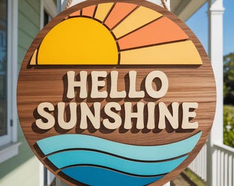 Hello Sunshine Door Hanger SVG, Summer Round Porch Sign, Laser Cut File