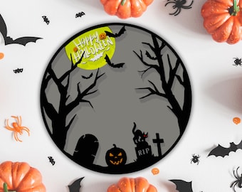 Halloween Pumpkin Door Hanger SVG, Bats, Moon, Happy Halloween (Laser Cut File)