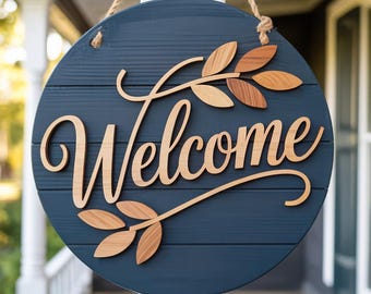Rustic Welcome Door Hanger SVG, Floral Round Porch Sign, Laser Cut File