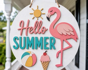 Flamingo Summer Door Hanger SVG, Tropical Laser Cut File