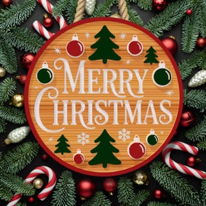 Merry Christmas Door Hanger SVG, Round Holiday Sign Digital File, Laser Cut Ornament Design
