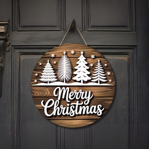 Merry Christmas Door Hanger SVG, Round Wooden Holiday Sign Laser Cut ...