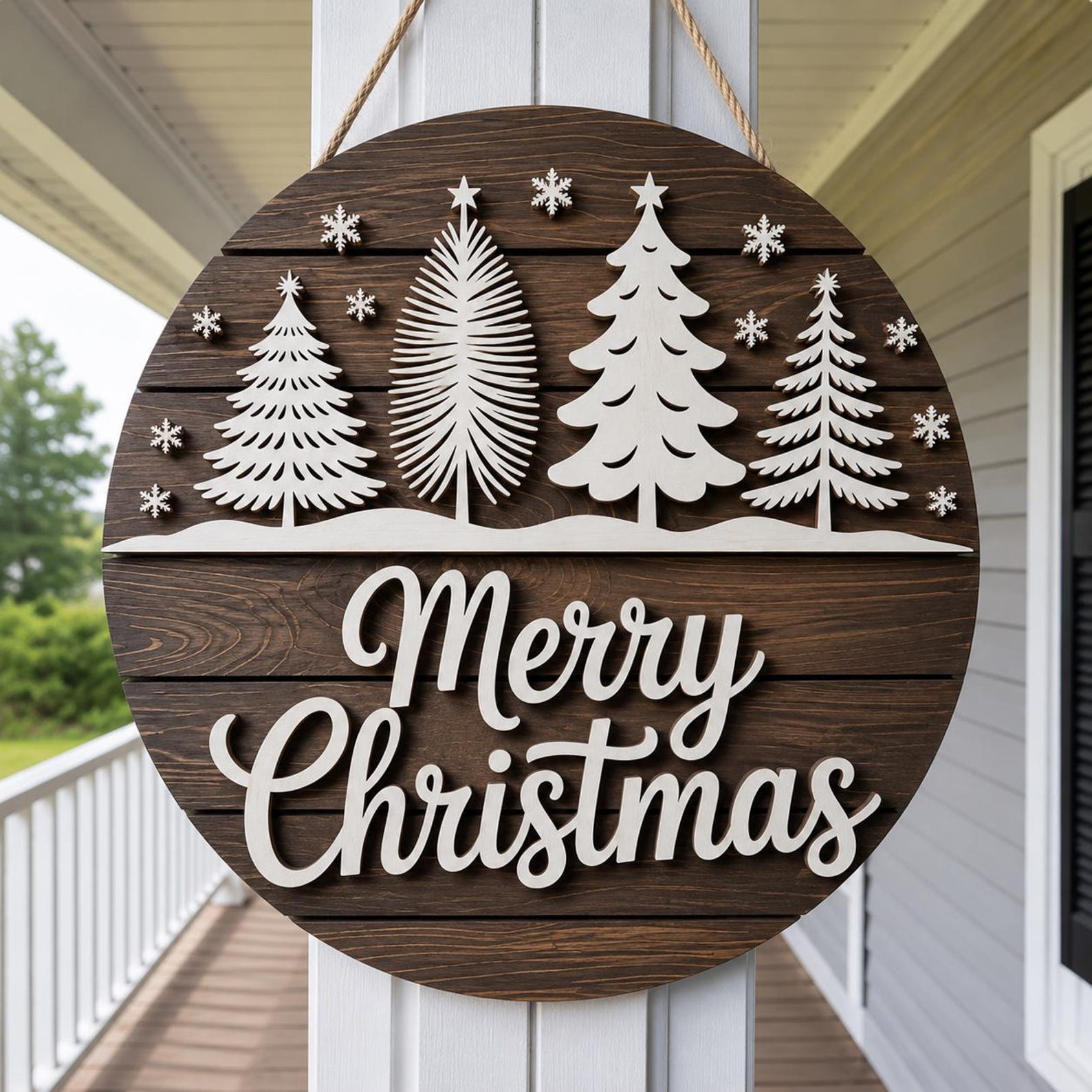 Merry Christmas Door Hanger SVG, Round Wooden Holiday Sign Laser Cut ...