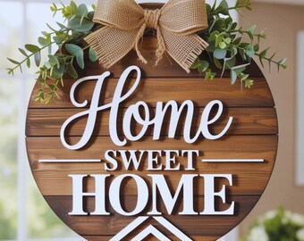 Home Sweet Home Door Hanger SVG, Farmhouse Round Sign Laser Cut File, Rustic Porch Decor