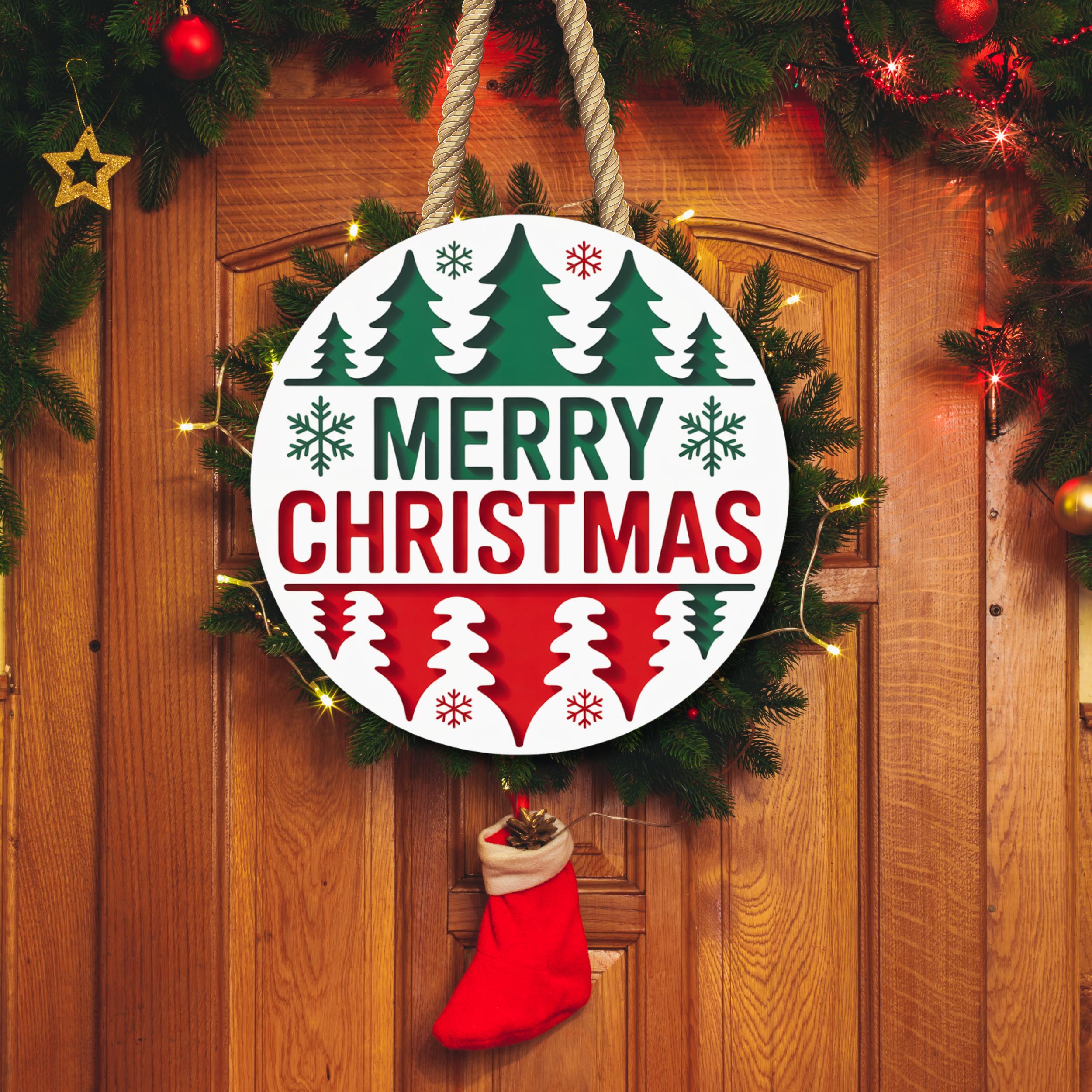 Merry Christmas Door Hanger SVG, Holiday Round Sign Laser Cut File ...