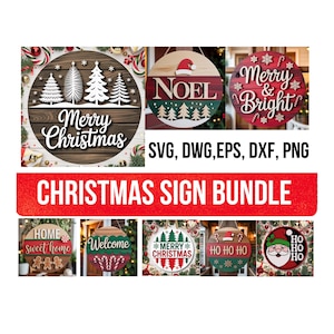 Christmas Sign Bundle SVG, 8 Round Door Hanger Laser Cut Files, Merry Christmas Porch Sign Set, Glowforge xTool CNC