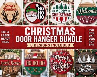 Christmas Sign Bundle SVG, 8 Round Door Hanger Laser Cut Files, Merry Christmas Porch Sign Set, Glowforge xTool CNC