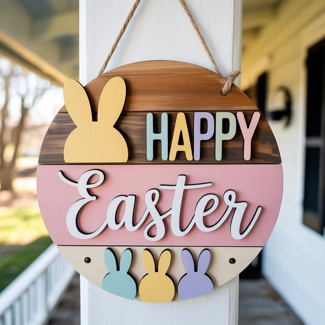Happy Easter Bunny Door Hanger SVG, Round Spring Porch Sign Laser Cut ...
