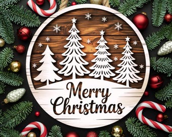 Merry Christmas Door Hanger SVG, Holiday Round Sign Laser Cut File, Xmas Porch Decoration