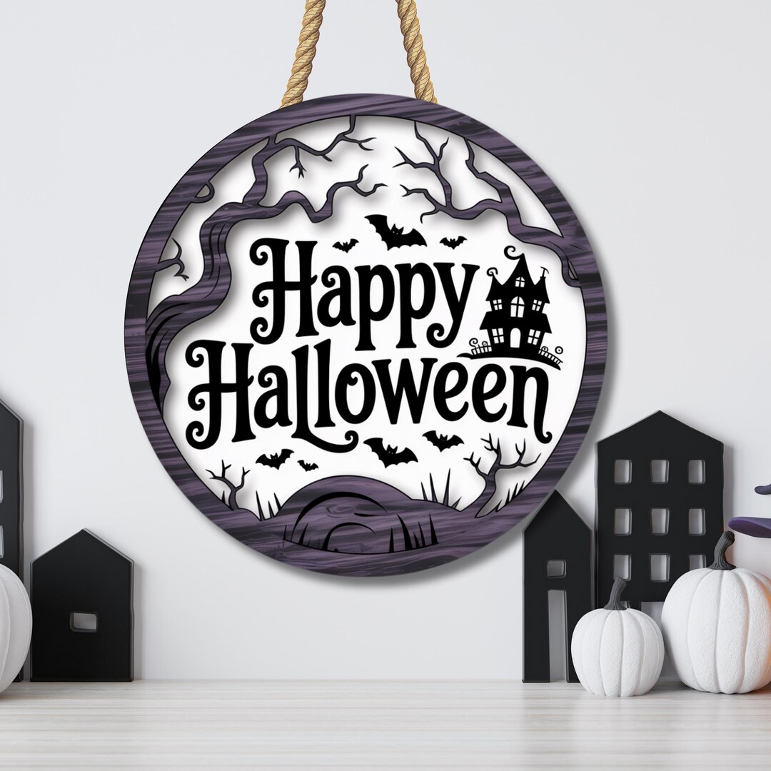Happy Halloween Door Hanger SVG, Round Haunted House Laser Cut Sign ...