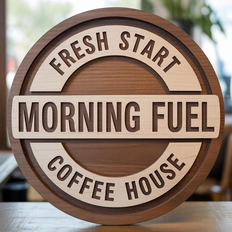 Puede incluir: Un letrero redondo de madera con las palabras "FRESH START", "MORNING FUEL" y "COFFEE HOUSE" recortadas en madera clara. El letrero tiene un borde y un fondo marr&oacute;n oscuro, creando un efecto de capas.