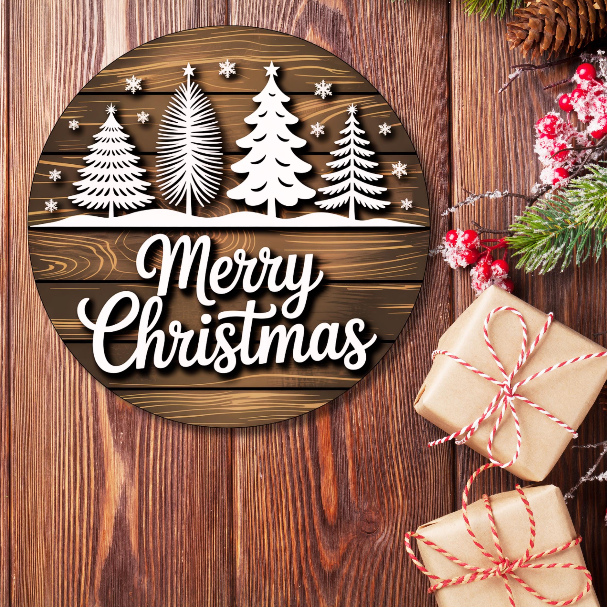 Merry Christmas Door Hanger SVG, Round Wooden Holiday Sign Laser Cut ...