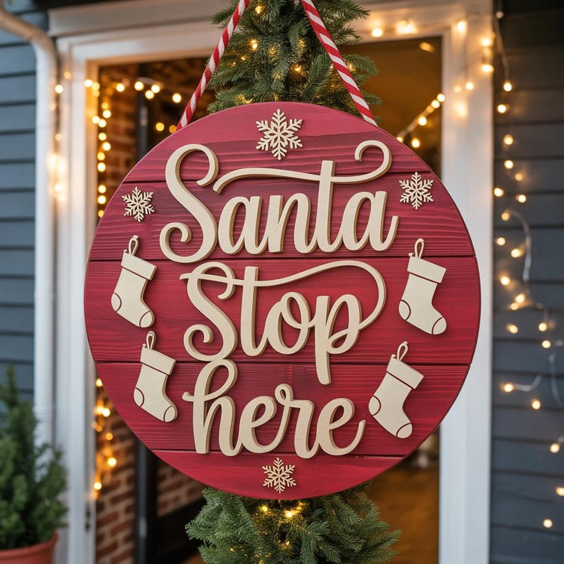 May include: A round, red wooden sign with the words "Santa Stop Here" in cream-colored, raised lettering. The sign features snowflakes and stockings. A red and white striped rope is used for hanging.