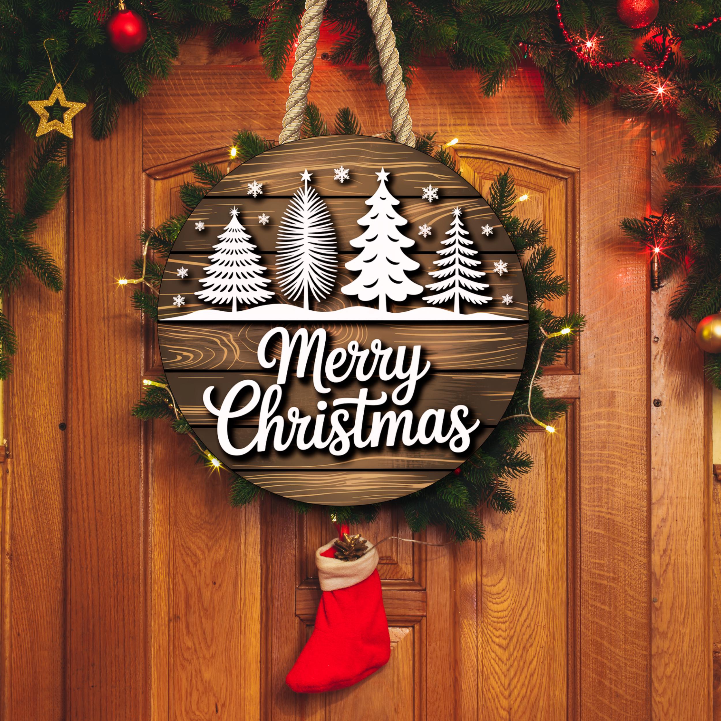 Merry Christmas Door Hanger SVG, Round Wooden Holiday Sign Laser Cut ...
