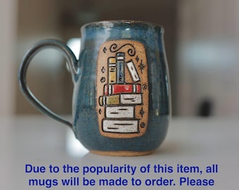 Coffee mug, book themed ceramic handmade cup, gift for reader, gift for teacher. MADE TO ORDER