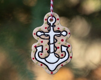 Anchor Christmas Ornament with lights, ceramic, nautical holiday decor