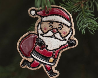 Santa Claus Christmas Ornament, jolly handmade Ceramic holiday tree decor with bag of toys